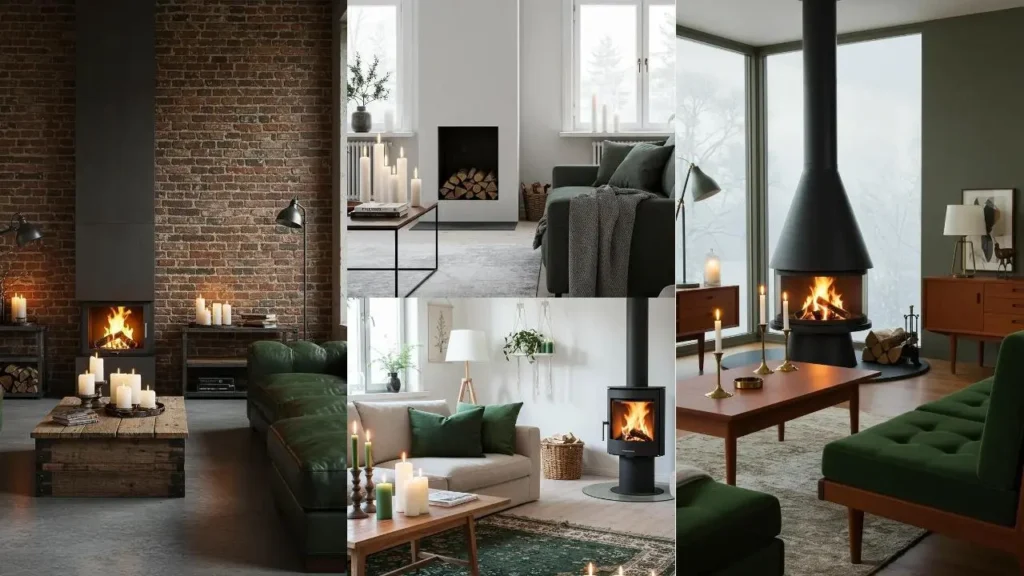 Winterse interieurs met donkergroene accenten, sfeervol kaarslicht en knapperende haardvuren.