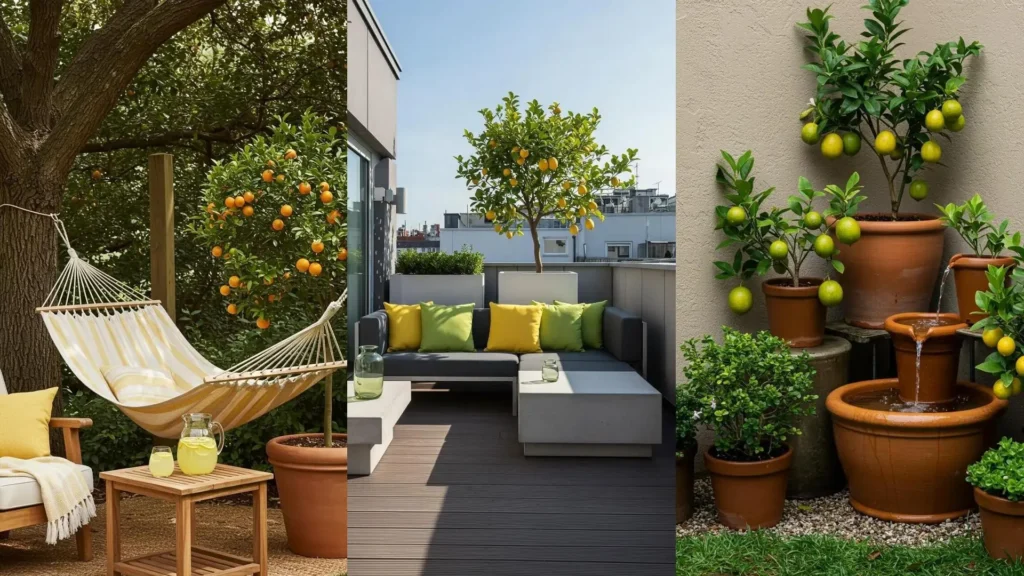 Zonnige en kleurrijke tuinhoekjes met citrusthema: hangmat, modern terras en diverse citrusplanten.