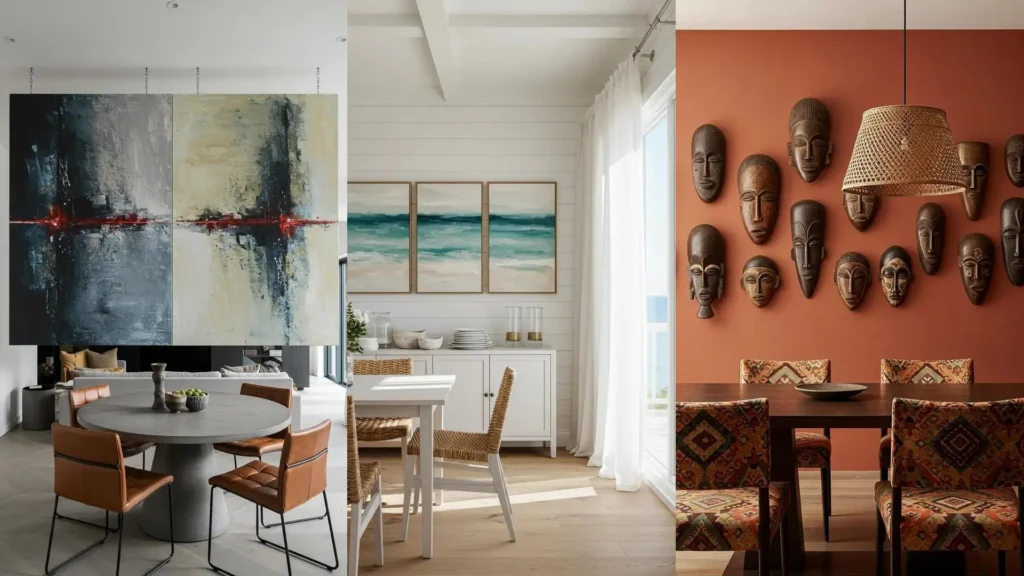 Drie inspirerende eetkamers met unieke kunst aan de muur die het gesprek starten, zoals abstracte schilderijen en tribale maskers.