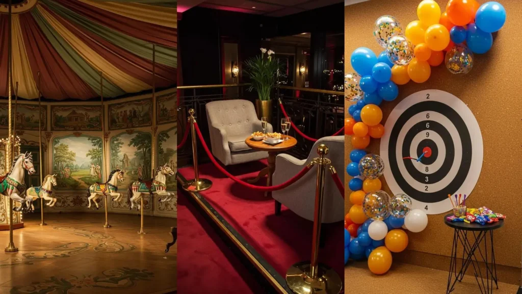 Feestelijke circus- en kermisdecoraties: een kleurrijke carrousel, ballonnenboog en spel voor kinderen.