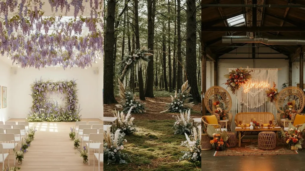 Decoratie met droogbloemen, zoals boho pampasgras bogen en warme, rustieke interieurs.