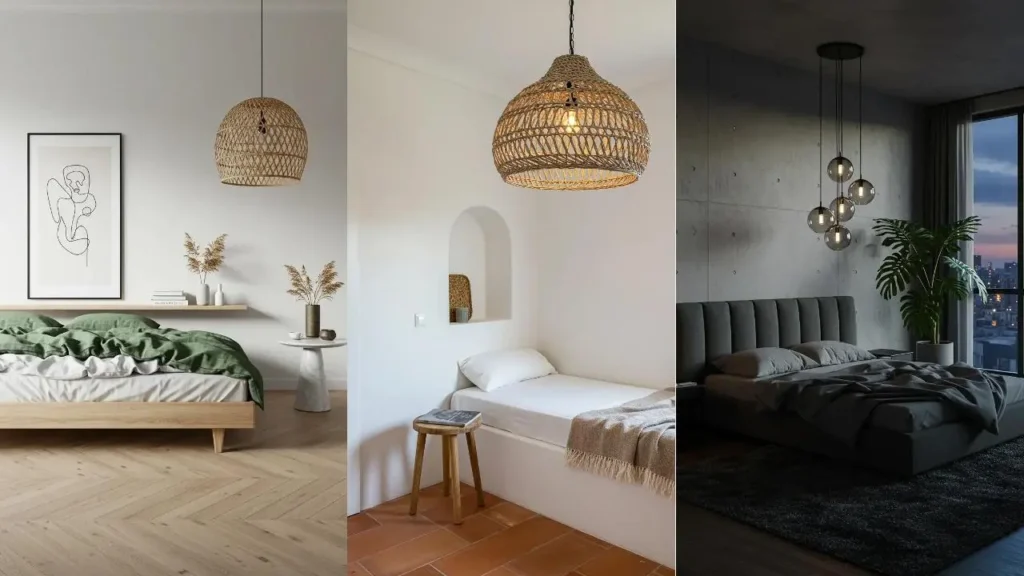 Drie moderne slaapkamers met opvallende verlichting, waaronder rotan lampen en asymmetrische designs, voor slaapkamerinspiratie.
