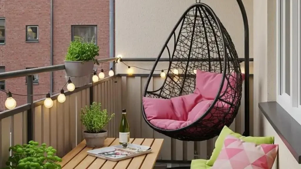 Familievriendelijke schommelzone met comfortabele schommelstoel, kleurrijke kussens en een tafeltje.