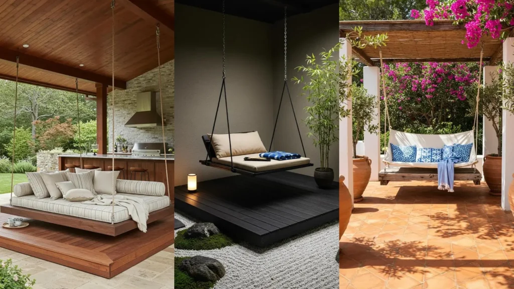 Drie hangende loungeschommels met comfortabele kussens, zachte dekens en stijlvolle houten platformen.