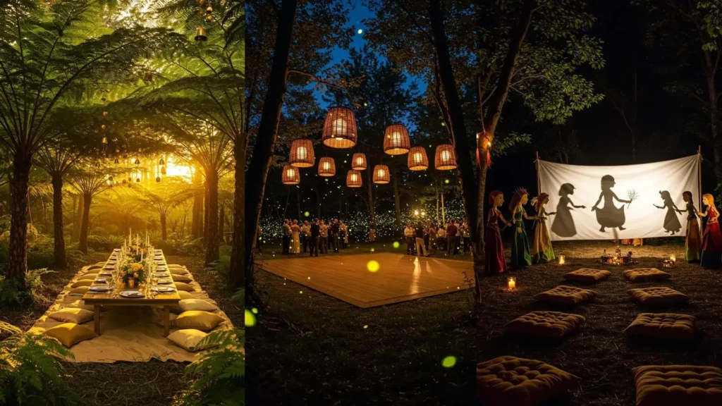 Sprookjesachtige decoraties en een elfenfeest in het bos met een lange tafel, dansvloer en schaduwspel.