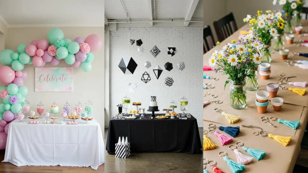 Diverse DIY verjaardagsversieringen, van chique tot betaalbaar, inclusief ballonnen, bloemen en tafeldecoraties.