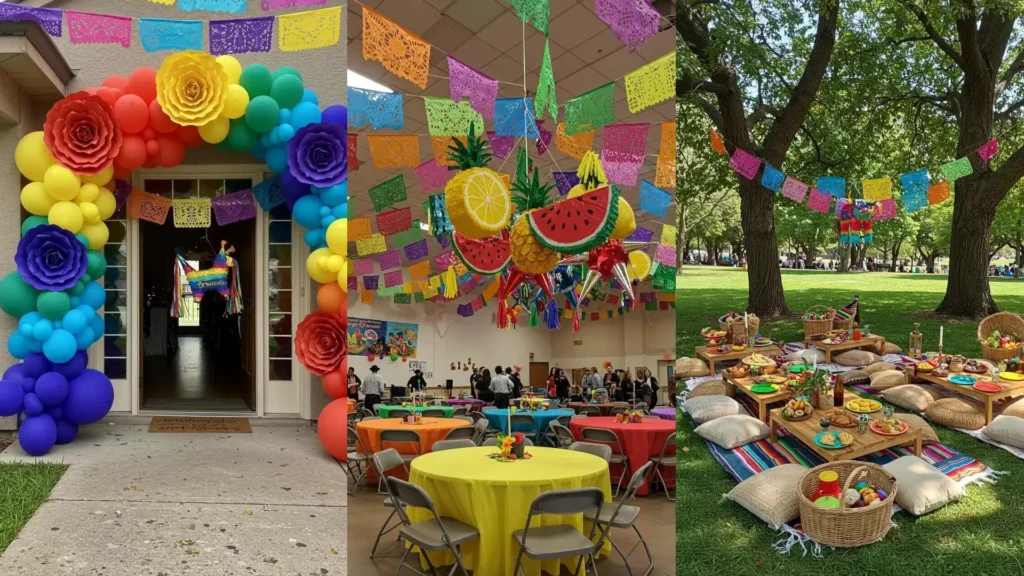Kleurrijke Mexicaanse fiesta versieringen: piñata's, papel picado, ballonnenboog, feesttafels.
