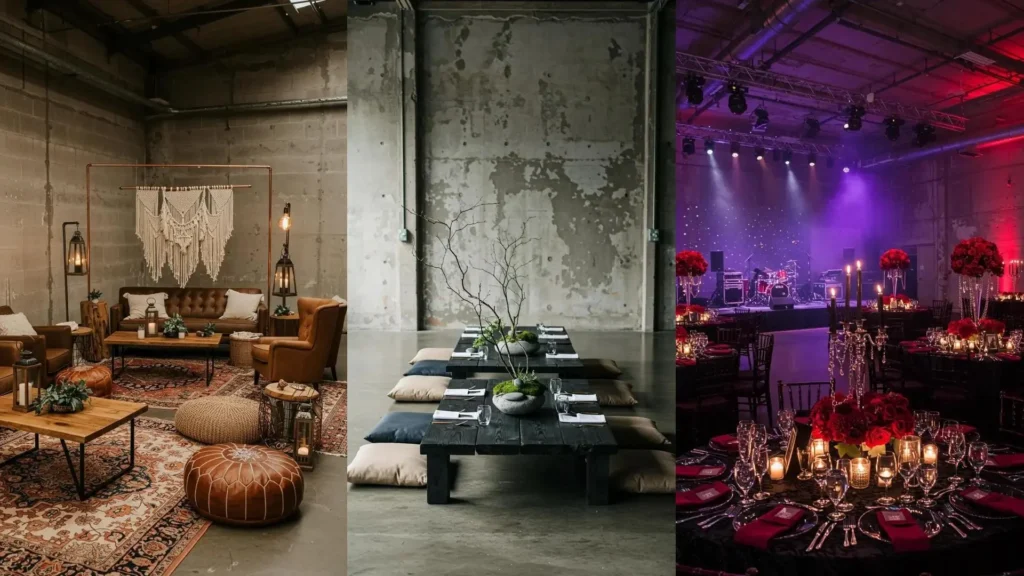 Stoere bruiloftsettings met industriële betonmuren, warm hout en stijlvolle metalen details.