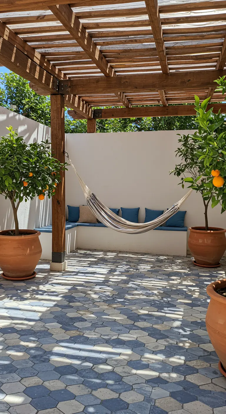 Terrasvloer met een 3D-kubuspatroon in blauw, wit en grijs, onder een houten pergola.