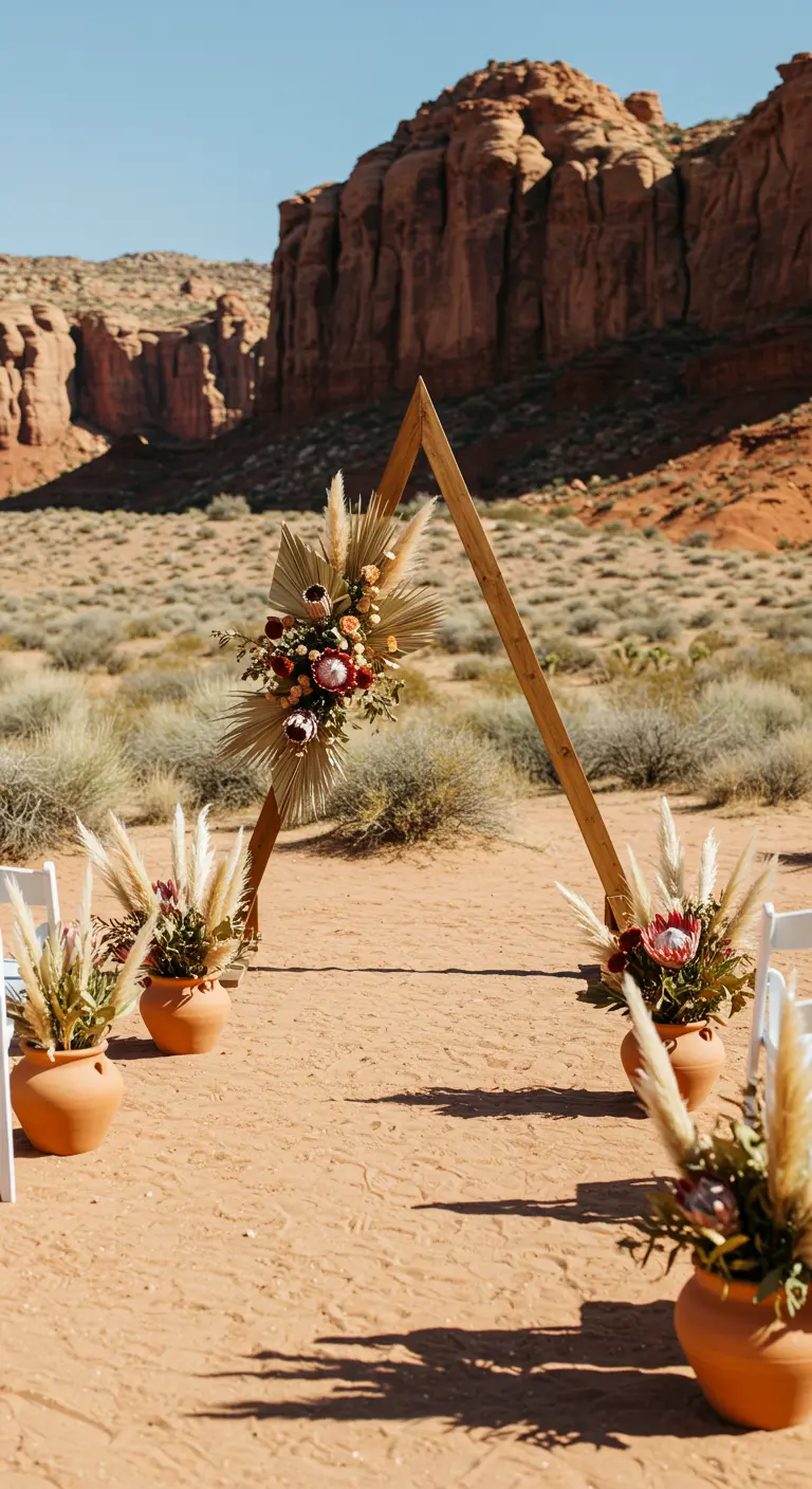 Driehoekige houten trouwboog met droogbloemen in een woestijnlandschap.