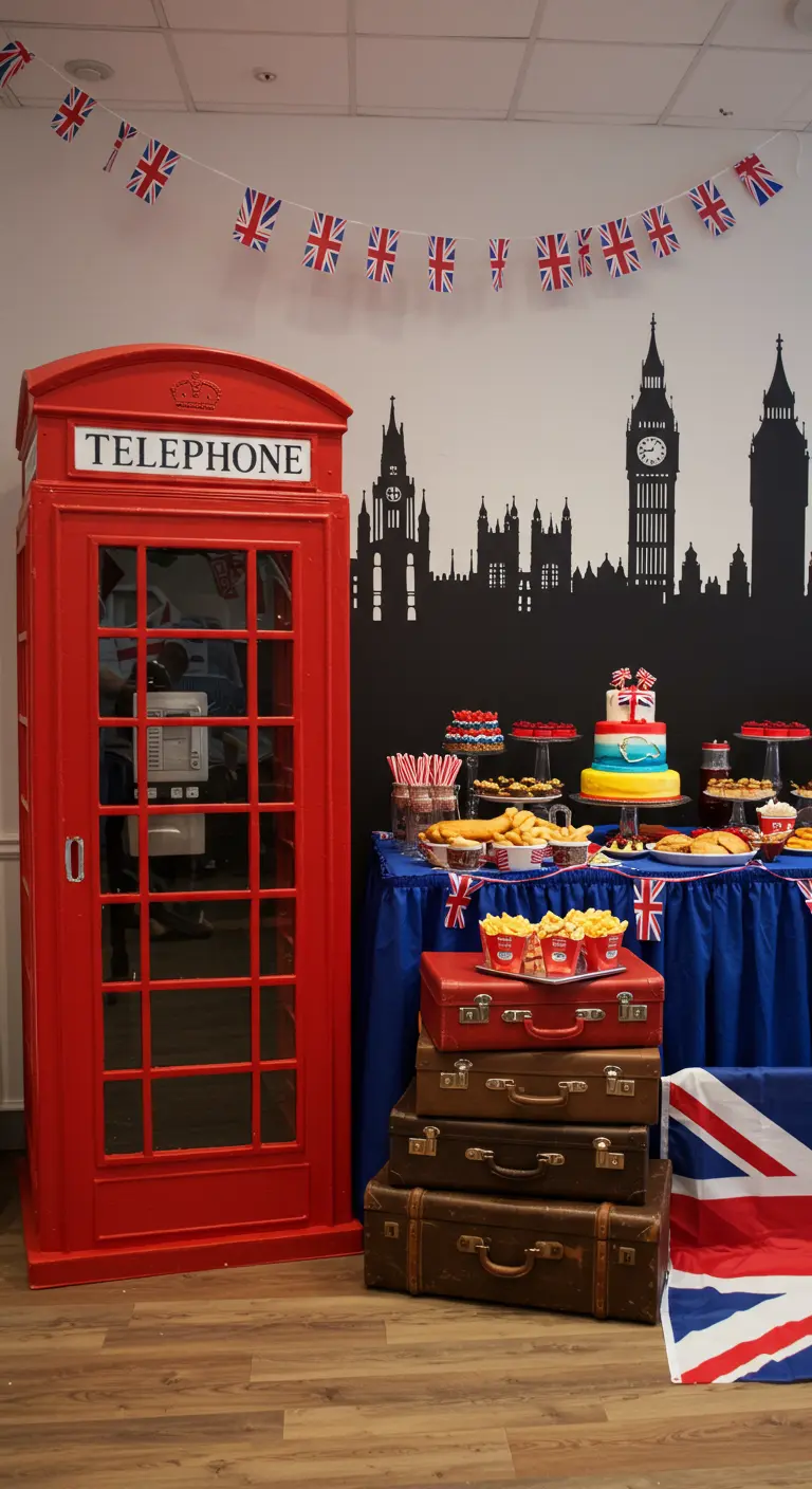 Londen-themafeest met rode telefooncel, Britse vlaggen en koffers.