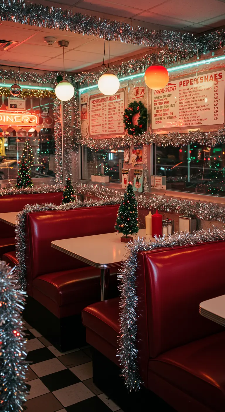 Diner versierd voor kerst met zilveren slingers en kleine kerstbomen.