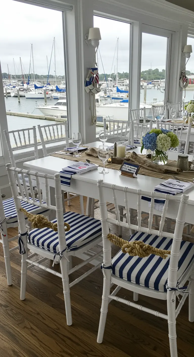 Witte Chiavari-stoelen met gestreepte kussens en een touwknoop aan de rugleuning.
