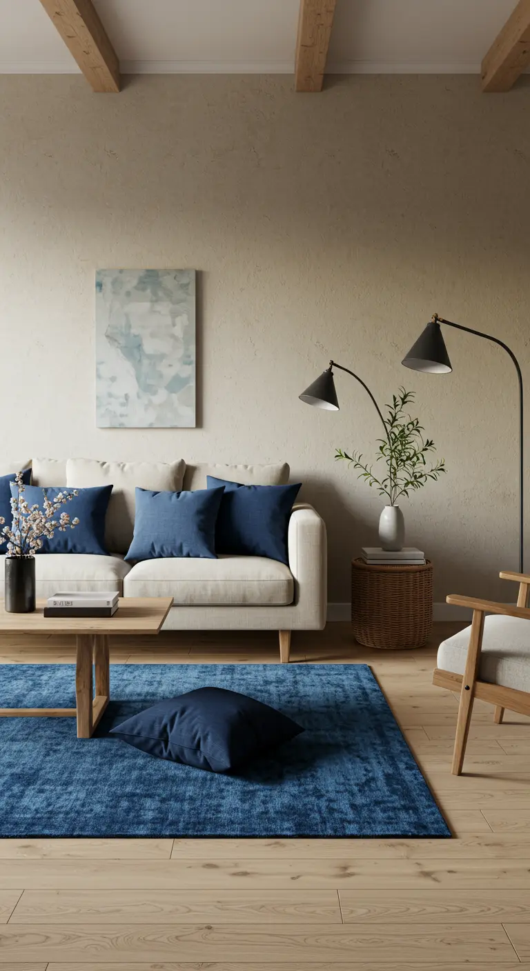Woonkamer met een diepblauw tapijt, crèmekleurige bank en houten meubels.