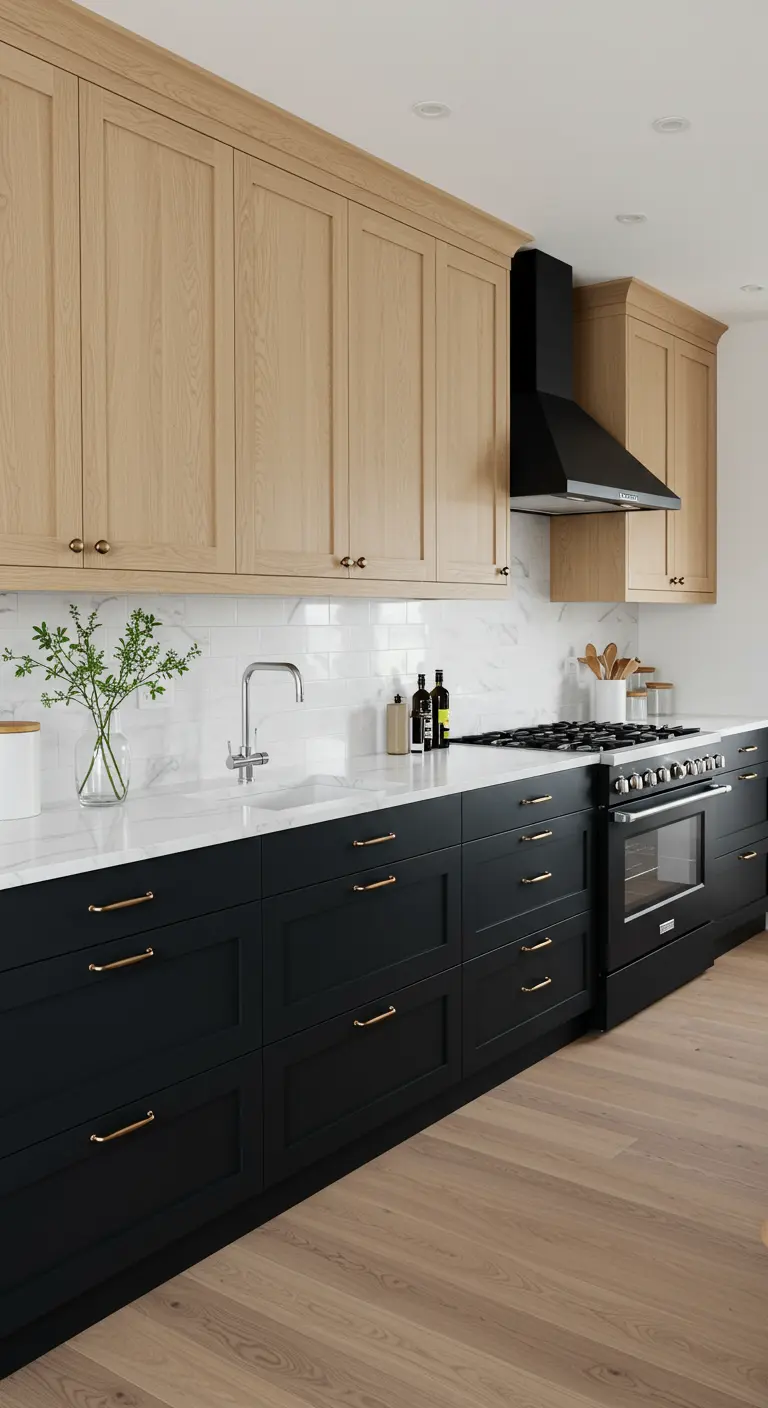 Keuken met houten bovenkasten en zwarte onderkasten met messing grepen.