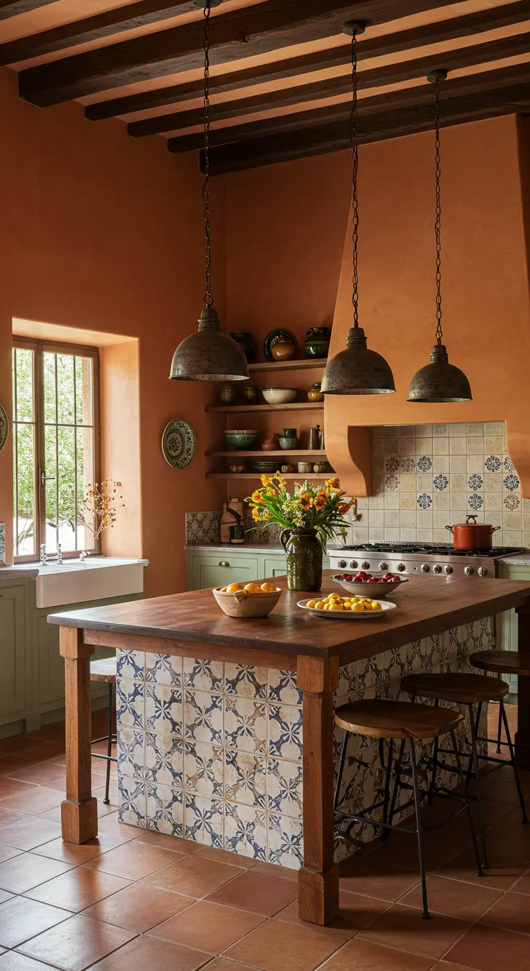 Mediterrane keuken met terracotta muren, saliegroene kasten en een betegeld eiland.