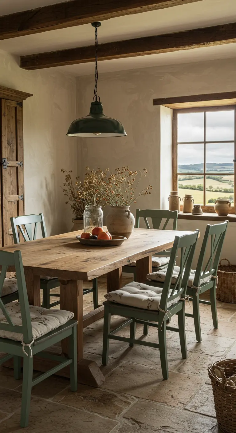 Rustieke eetkamer met houten tafel, groene stoelen met bloemkussens en een donkergroene lamp.