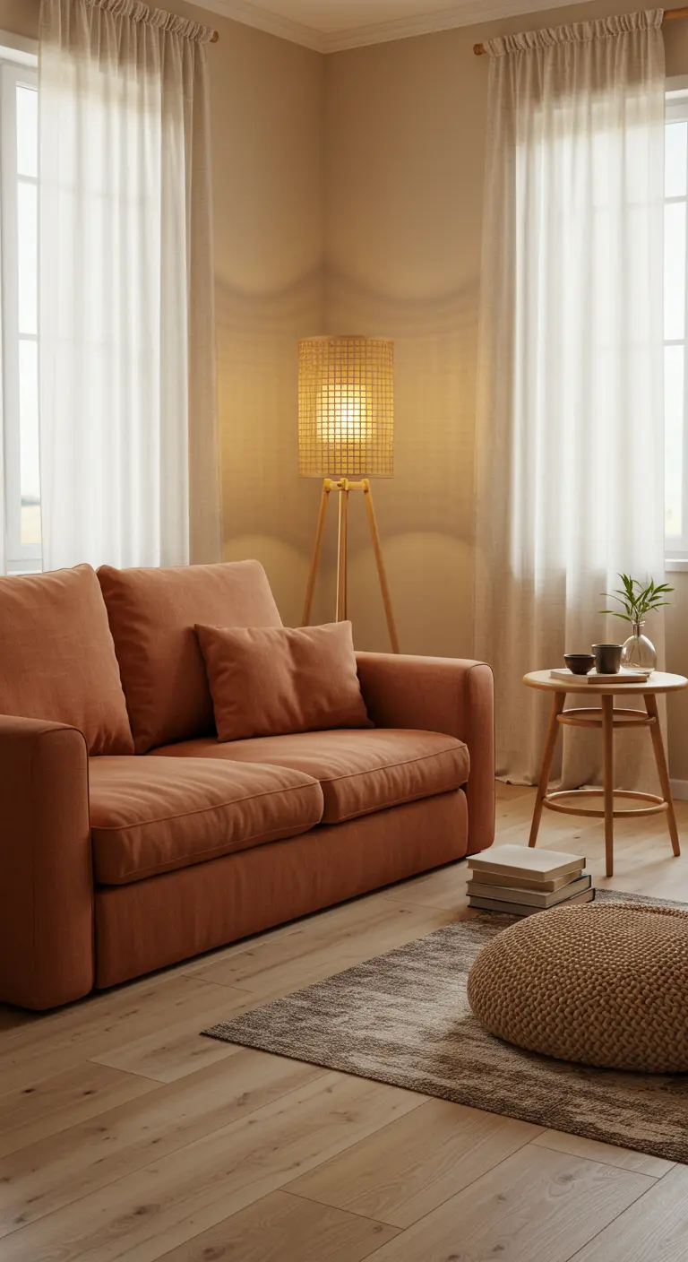 Woonkamer met terracotta bank, houten vloer en geweven staande lamp
