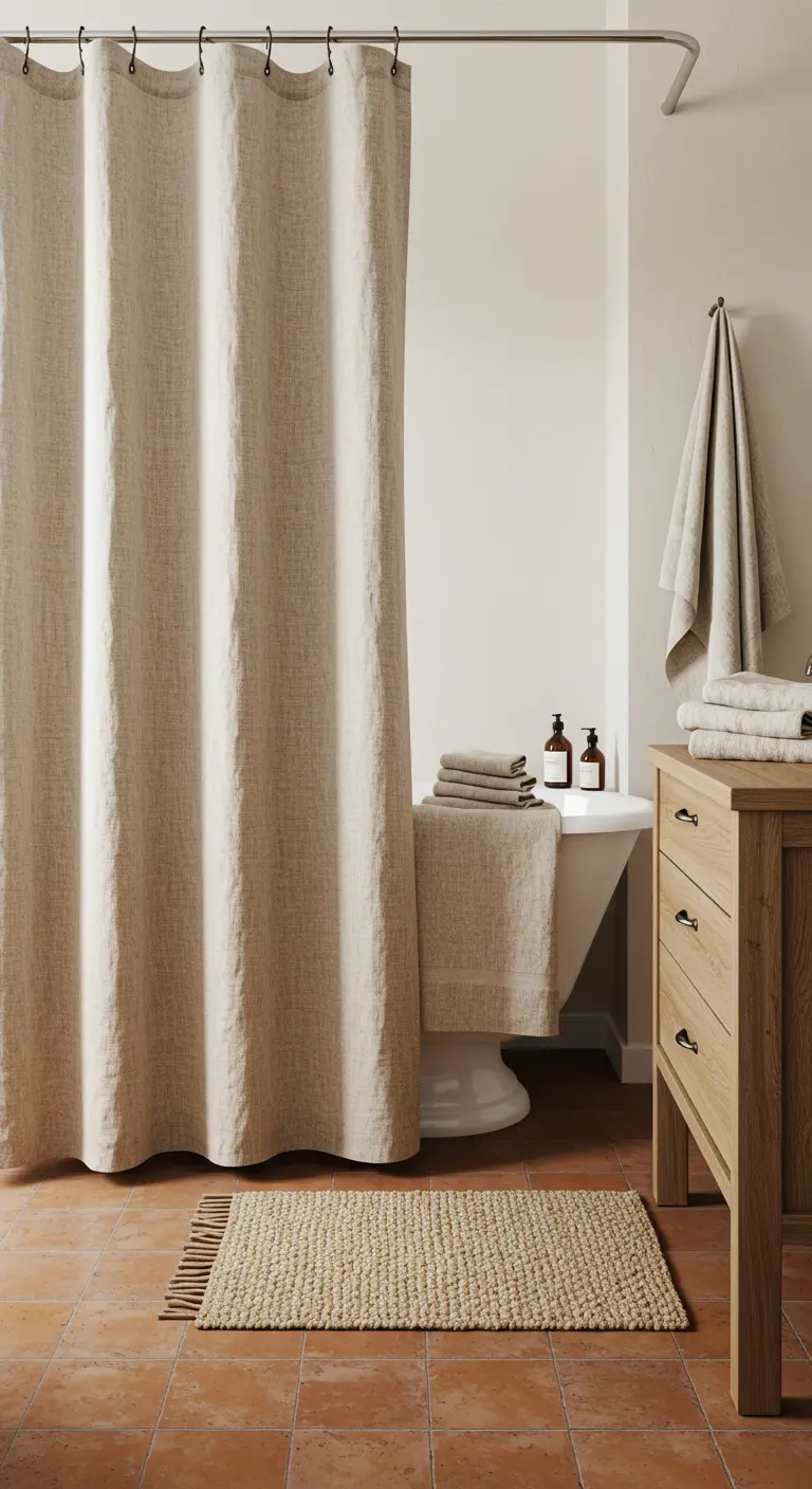 Rustieke badkamer met terracotta vloer, houten meubel en een zandkleurig linnen douchegordijn.