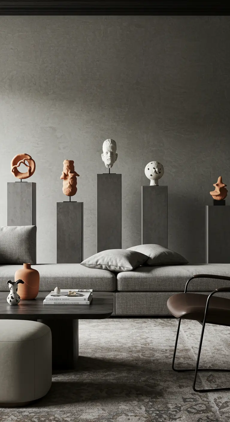 Moderne, minimalistische woonkamer waar abstracte sculpturen en aardewerk op grijze sokkels staan.