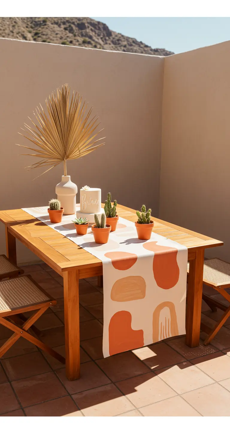 Houten tafel met een abstract beschilderde loper en cactussen.