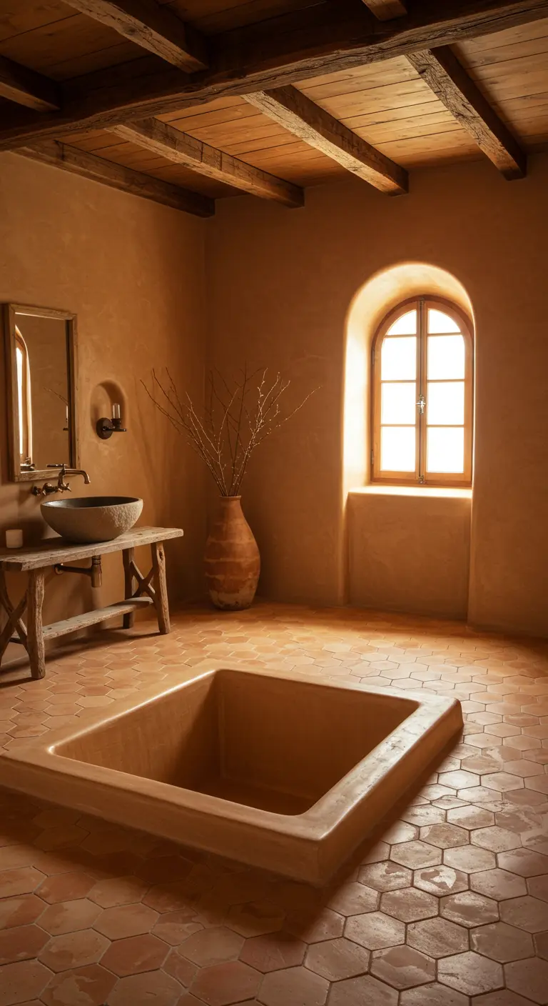 Mediterrane badkamer met terracotta vloer, houten balken en een verzonken bad.