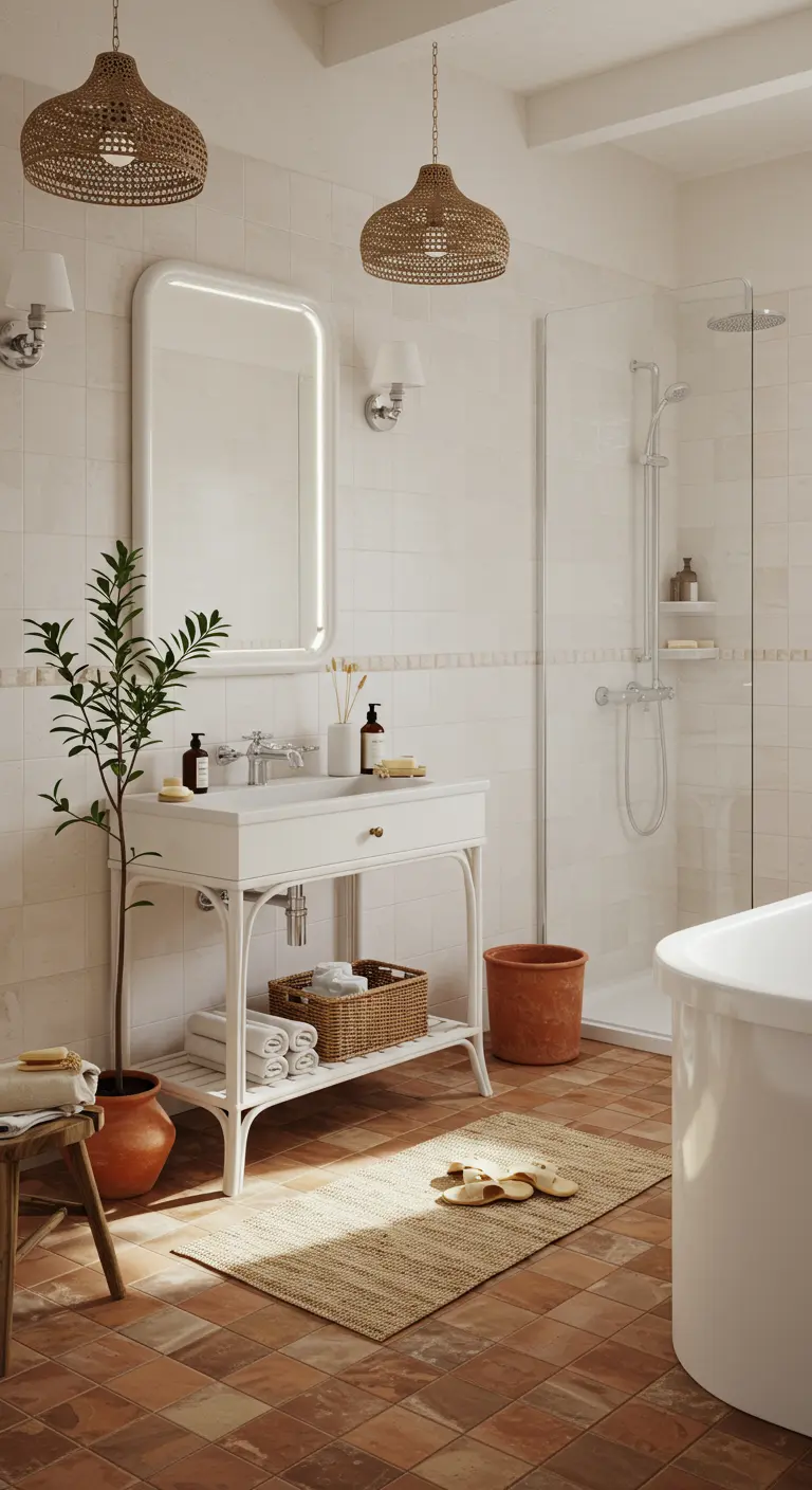 Lichte badkamer met terracotta vloertegels, rotan lampen en een witte wastafel.
