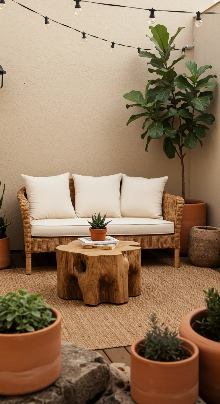 Terras met een rotan bank, een salontafel van een boomstronk en een groot jute vloerkleed.