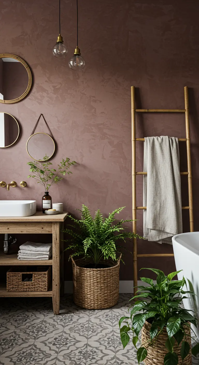 Badkamer met aubergine structuurverf, houten meubel, bamboe ladder en veel groene planten.
