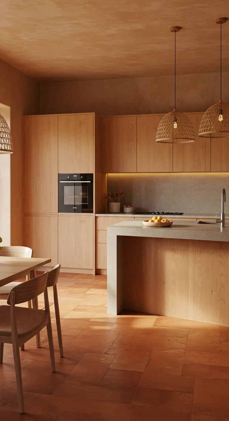 Matte houten kasten en terracotta vloer in keuken met rieten hanglampen.