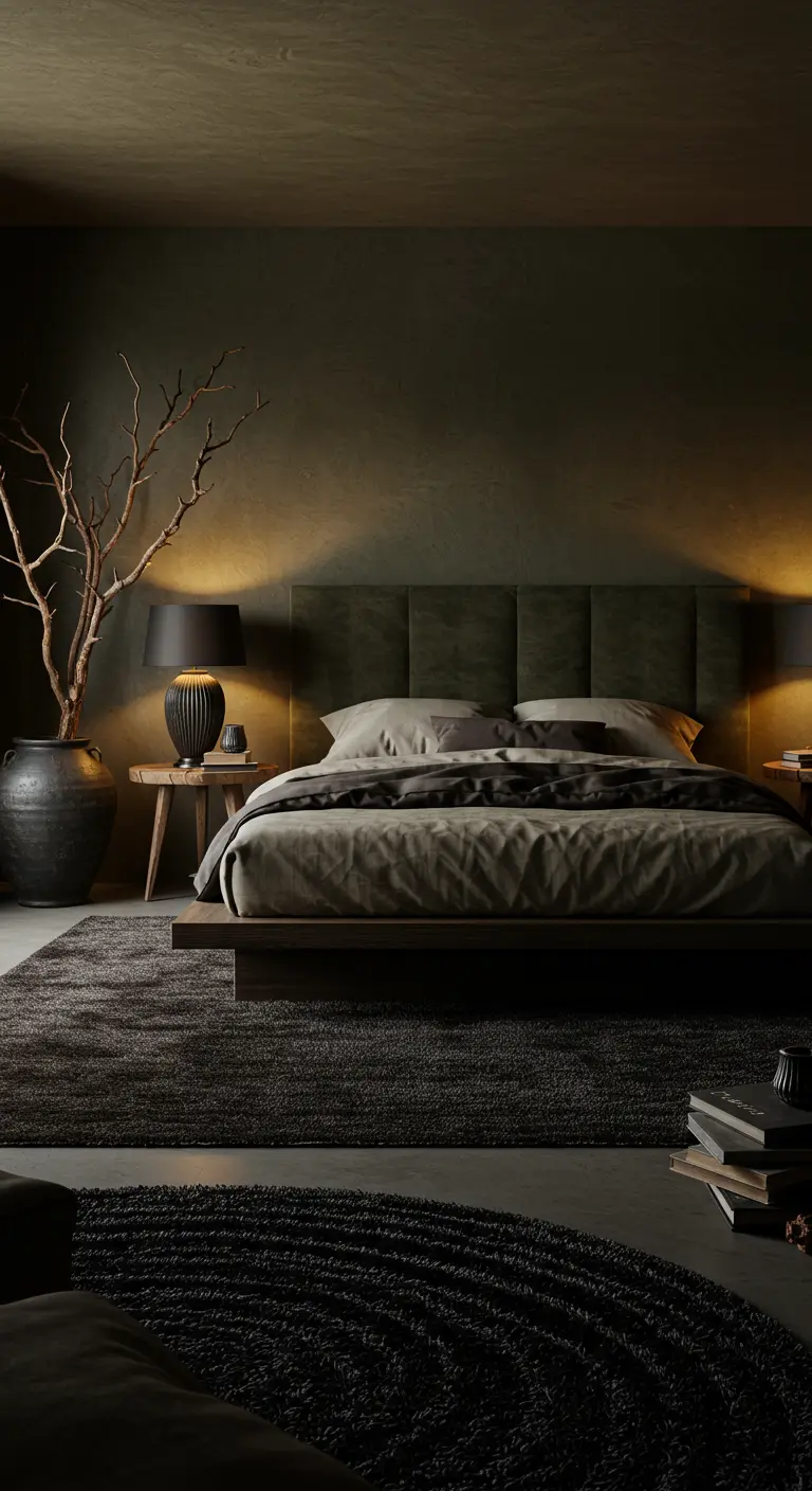 Donkergroene slaapkamer met aards kleurenpalet, grote takken als decoratie en sfeervolle nachtlampjes.