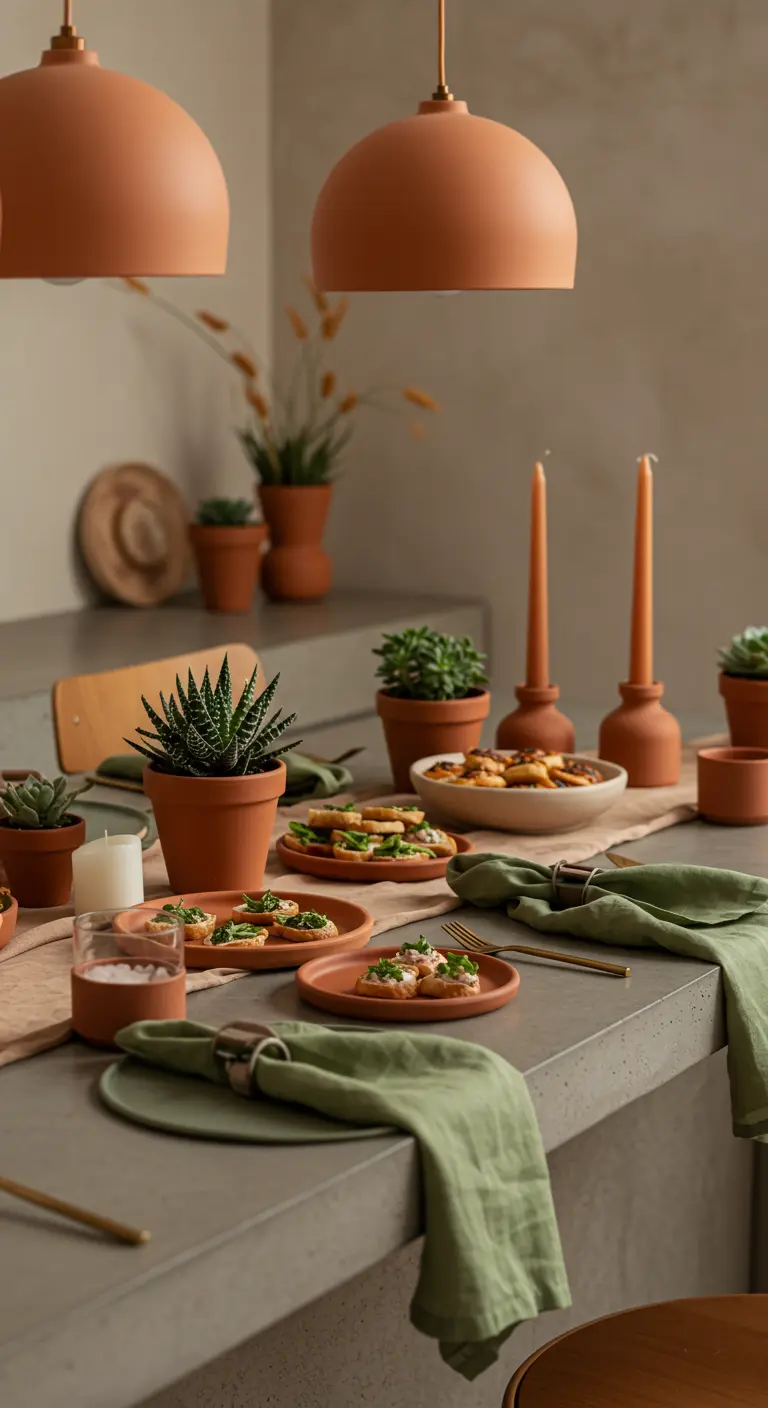Betonnen keukeneiland met hapjes en decoraties in terracotta en saliegroen.
