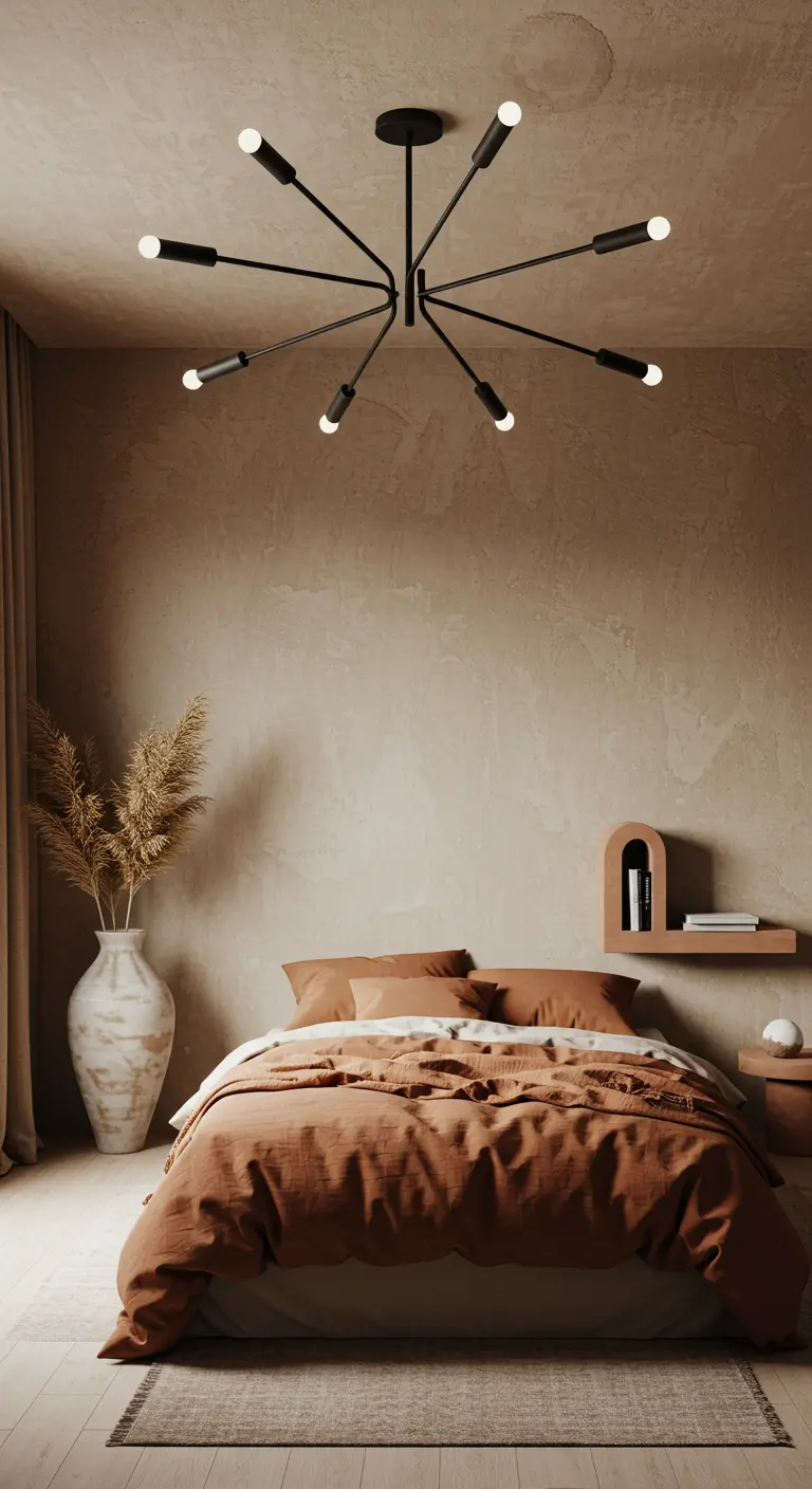 Warme, minimalistische slaapkamer met muren in aardetinten en een zwarte, moderne plafondlamp.