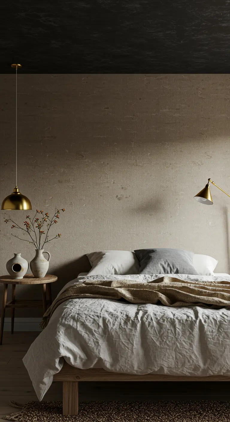 Sereen ingerichte slaapkamer met een zwart plafond, beige textuurmuur en twee gouden hanglampen.