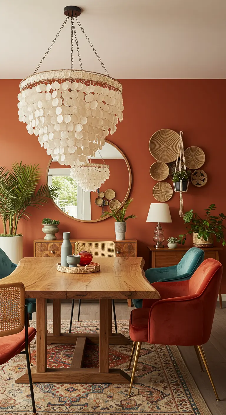 Bohemian eethoek in terracottakleur met een houten tafel, schelpenlamp en een mix van stoelen.