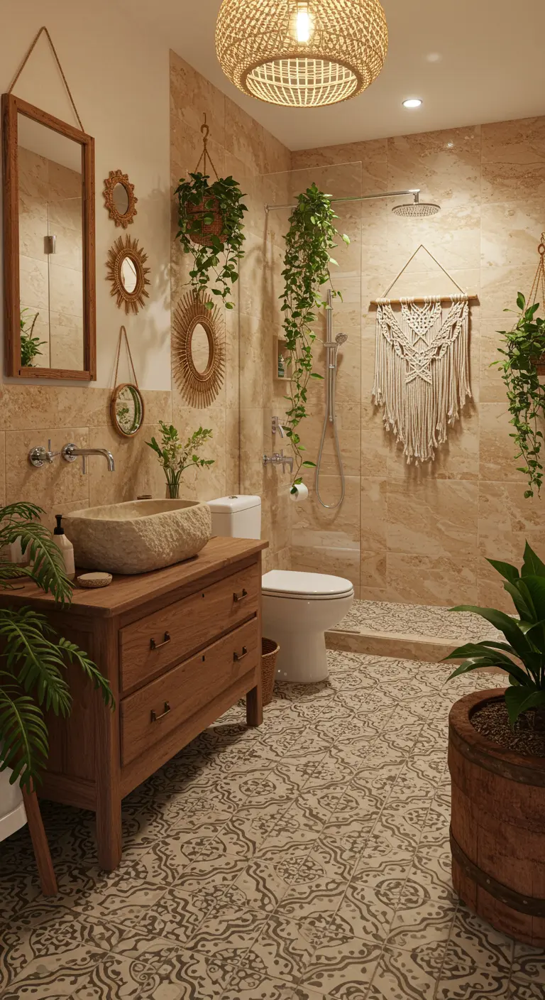 Bohemian badkamer met zandkleurige tegels, houten meubel, stenen waskom en macramé decoratie.