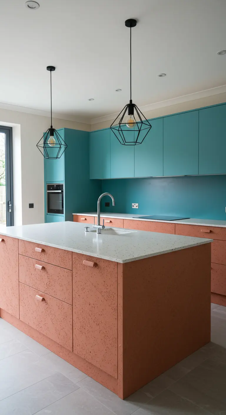 Keuken met petrolblauwe bovenkasten en terracotta onderkasten en eiland, geometrische hanglampen.
