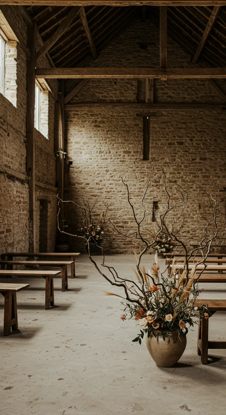 Ceremonie-opstelling in een stenen schuur met een groot bloemstuk van takken en droogbloemen.