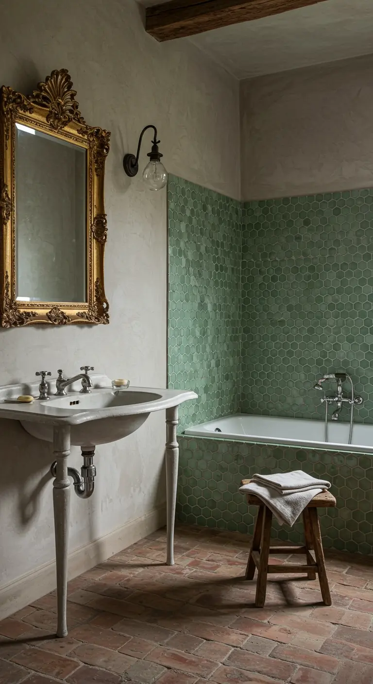 Rustieke badkamer met saliegroene hexagonale tegels en een terracotta vloer.