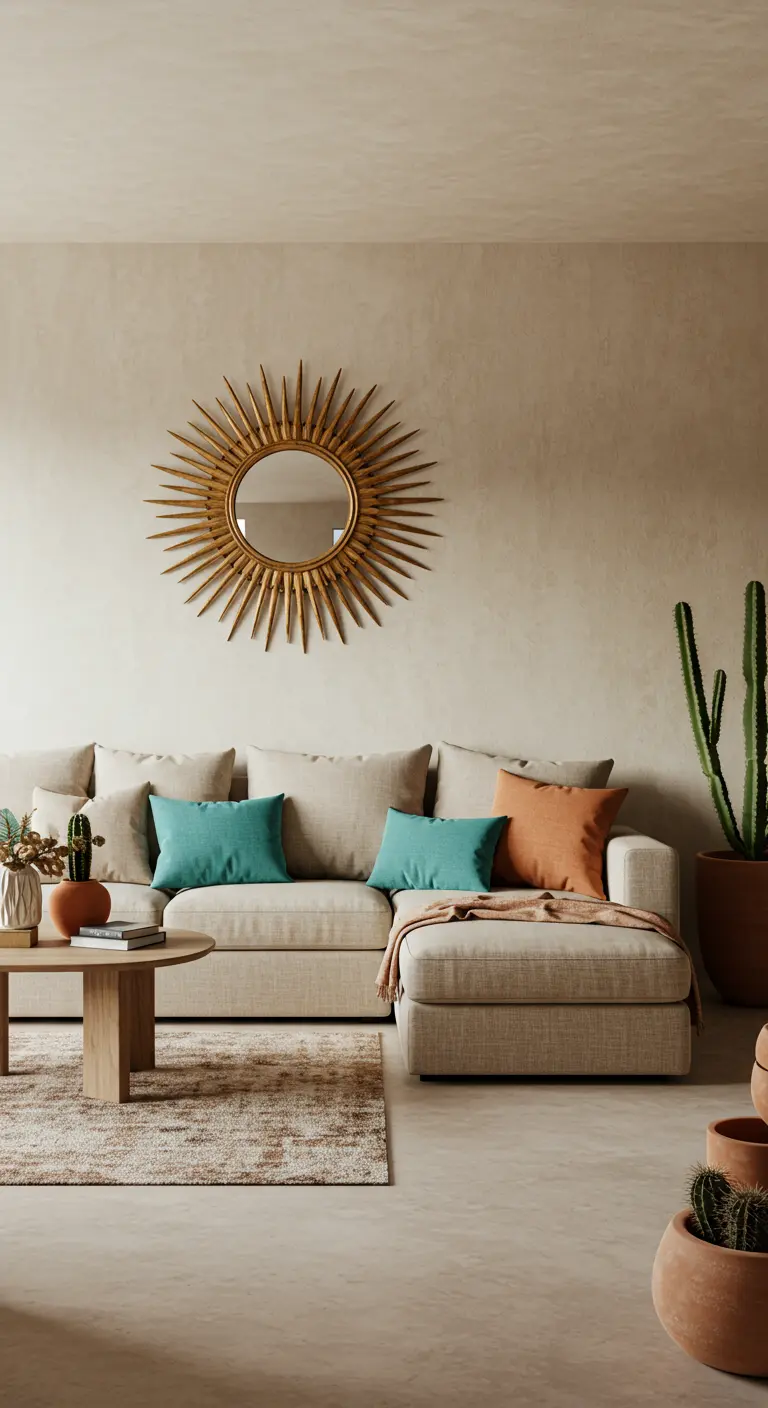 Woonkamer met beige bank, turquoise en terracotta kussens en een gouden zonnespiegel.