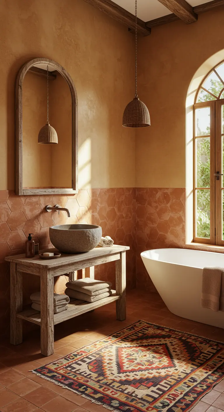 Mediterrane badkamer met terracotta hexagontegels en een okerkleurige structuurmuur.