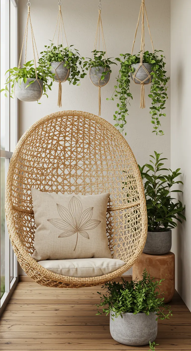Rotan hangstoel in een lichte hoek, omringd door planten in betonnen potten en een linnen kussen.