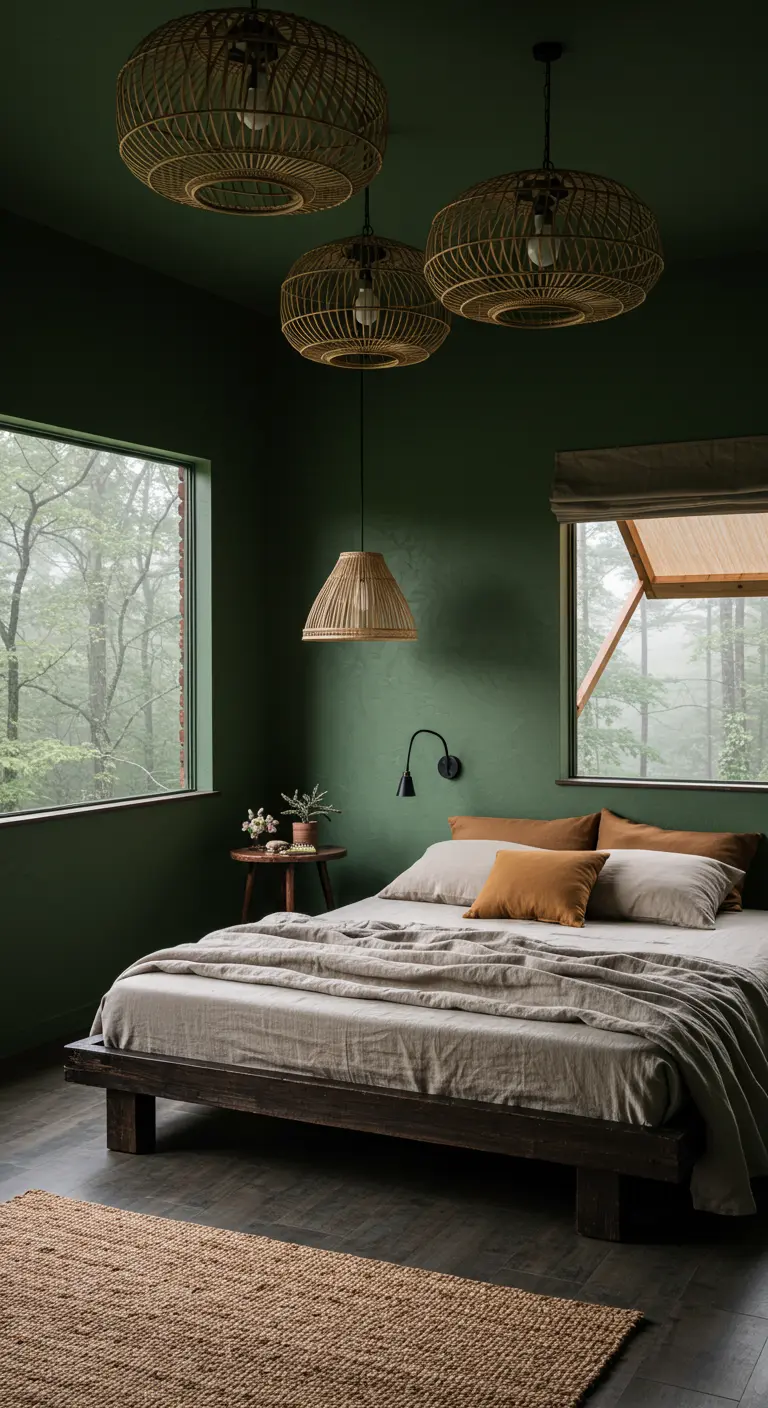 Donkergroene slaapkamer met rotan lampen, een houten bed en neutraal beddengoed.