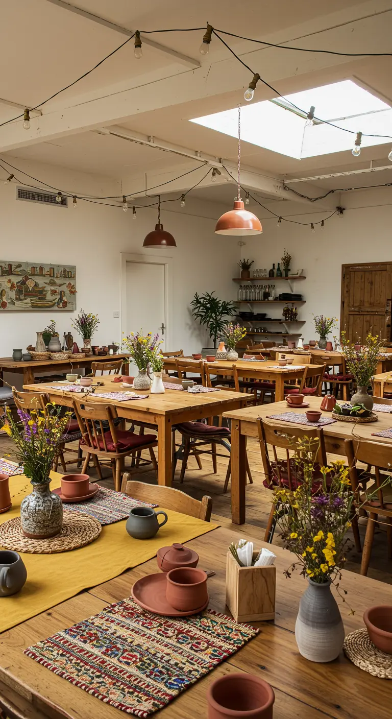 Eetzaal met meerdere tafels, terra-kleurig servies en wilde bloemen.