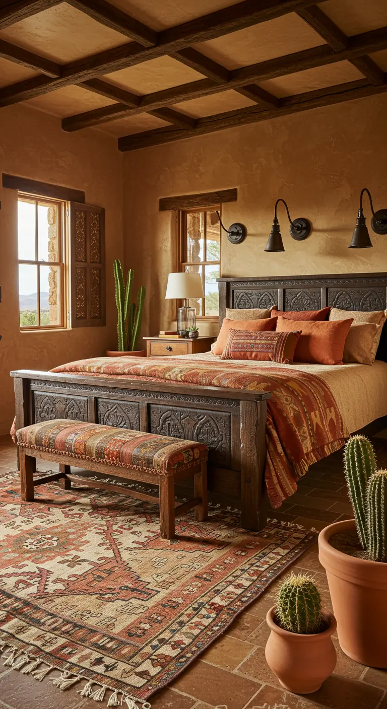 Spaans-geïnspireerde slaapkamer met terracotta muren, donkerhouten bed, en cactussen als decoratie.
