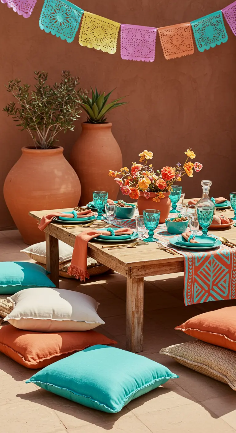Terras met lage tafel, terracotta potten en kussens in oranje en turquoise.
