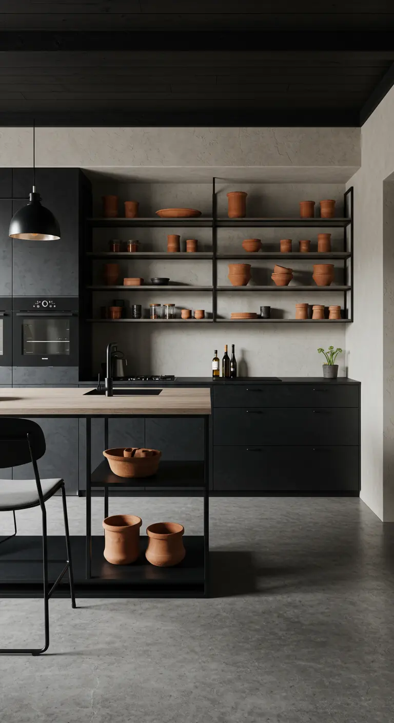 Zwarte industriële keuken met open metalen planken vol met terracotta potten en schalen.
