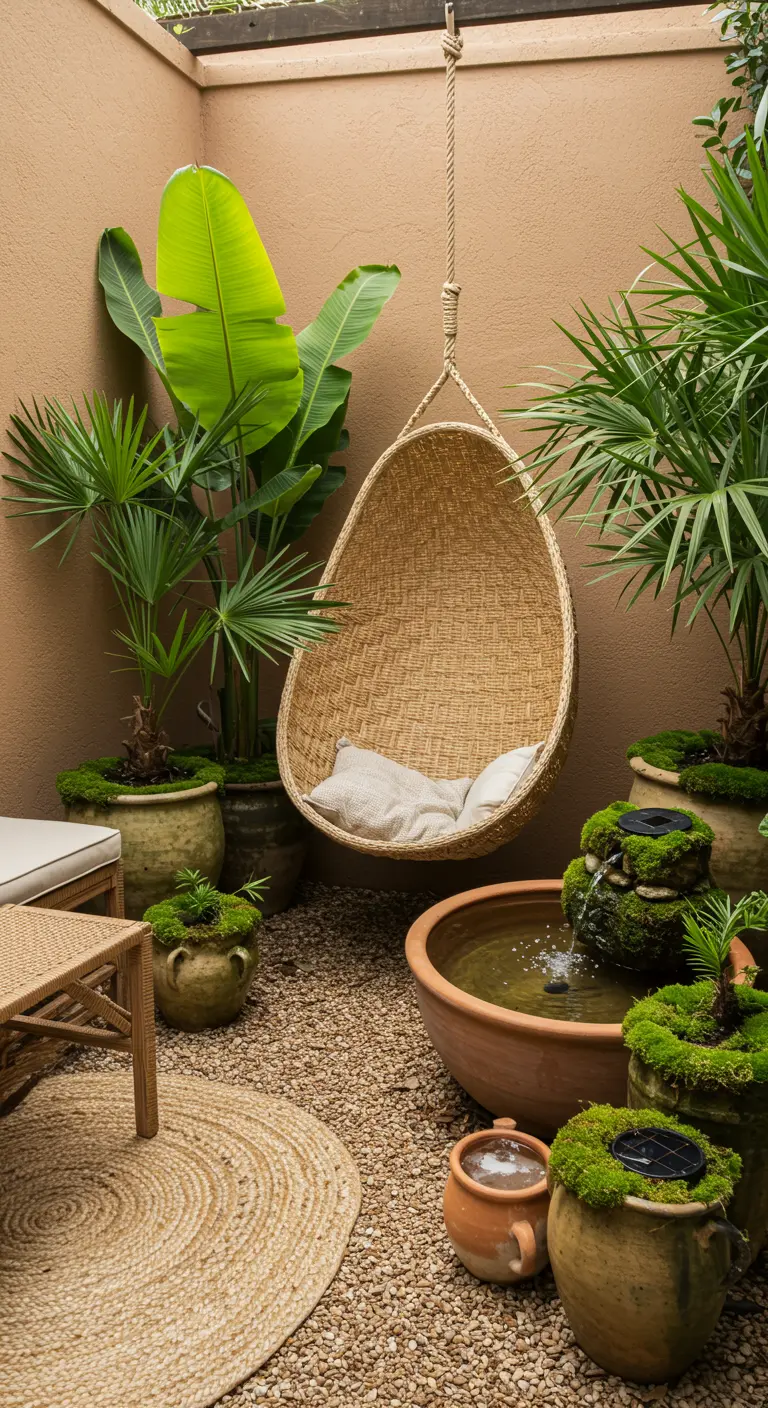 Rotan hangstoel in een patio met terracotta muren, grindvloer en met mos begroeide potten.