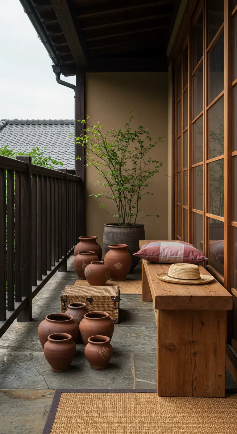 Balkon met rustieke sfeer, terracotta potten, een houten bank en een rieten mat.