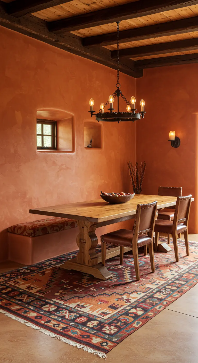 Rustieke eetkamer met terracotta muren en een groot tapijt met een Zuidwestelijk patroon.